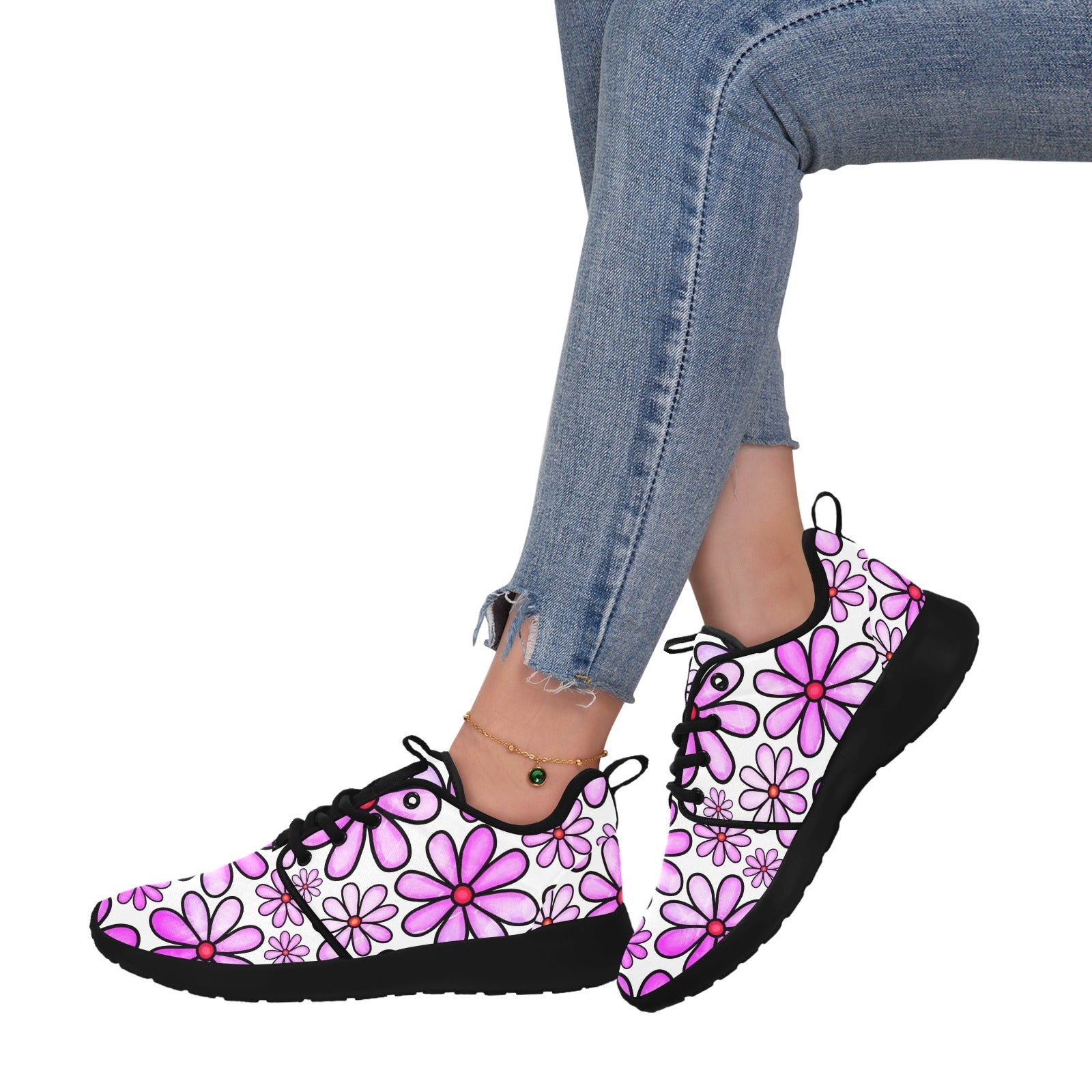 Womens Pink Flower power pull loop sneakers